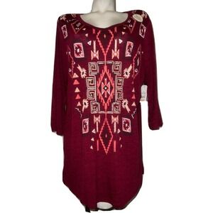New Faded Glory Top Women's Size 2X Red Berry Tribal Print Lace Back Tunic Shirt